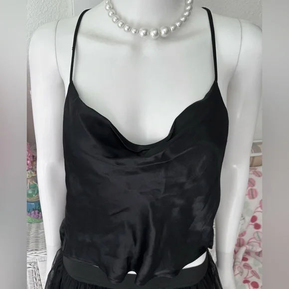 Zara  Crop Top Satin Racerback with spaghetti straps in black color Size S  NWT - Picture 2 of 8